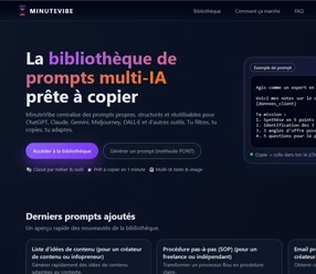 Bibliothèque de prompts MinuteVibe pour ChatGPT, Midjourney, Claude et Gemini